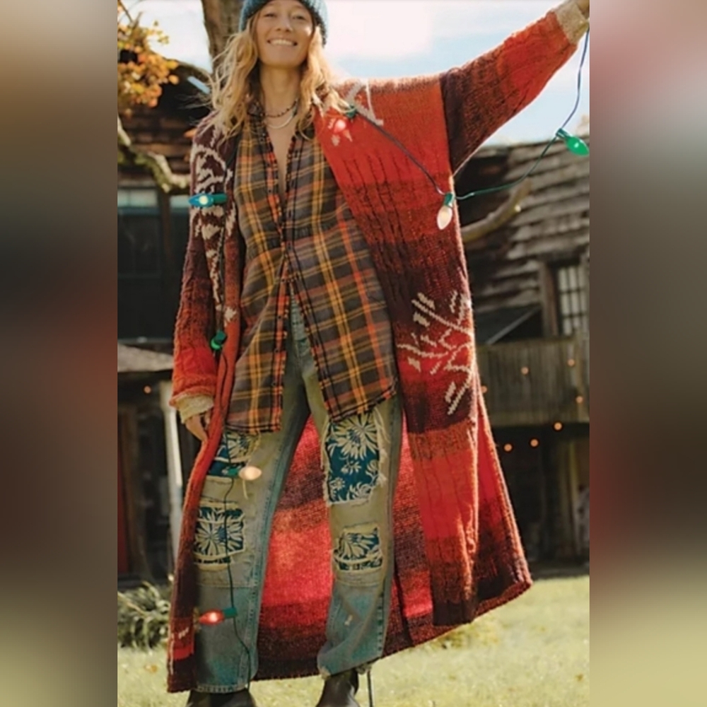 FREE PEOPLE Nordic FLURRY Fair Isle Maxi Duster Cardigan Sweater